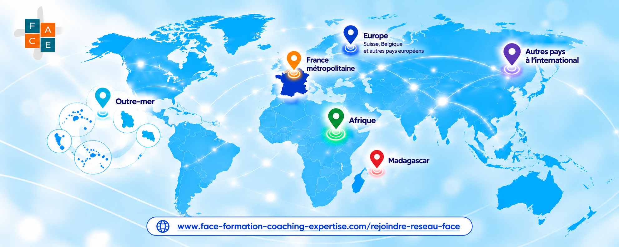 Carte du réseau FACE : France métropolitaine, Outre-mer, Europe, Afrique, Madagascar et autres pays à l’international.